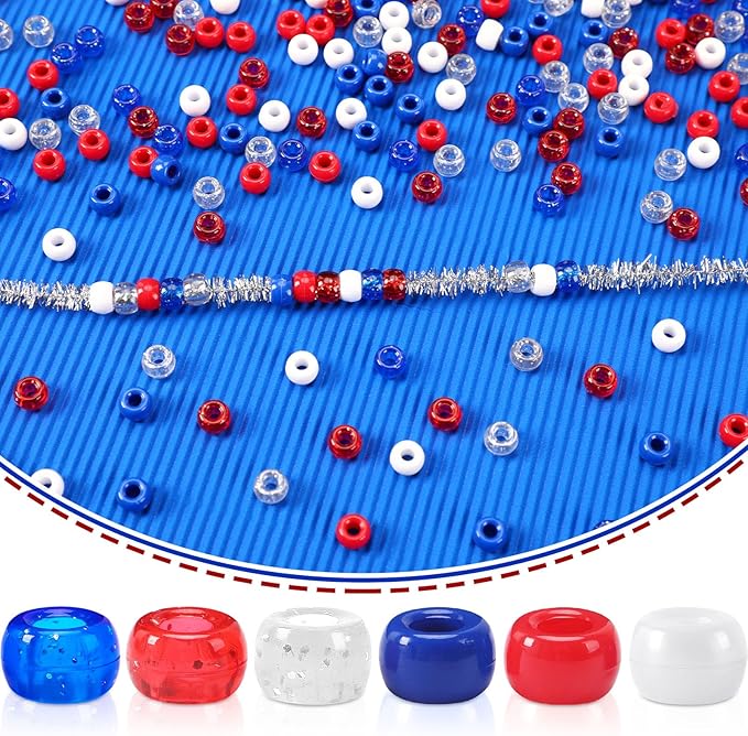 UPINS 1200Pcs Red White Blue Pony Beads, 1200Pcs Independent Day Patriotic Beads 4th of July Pony Beads for Jewelry Making Crafts DIY Necklace Bracelets Hair Beads