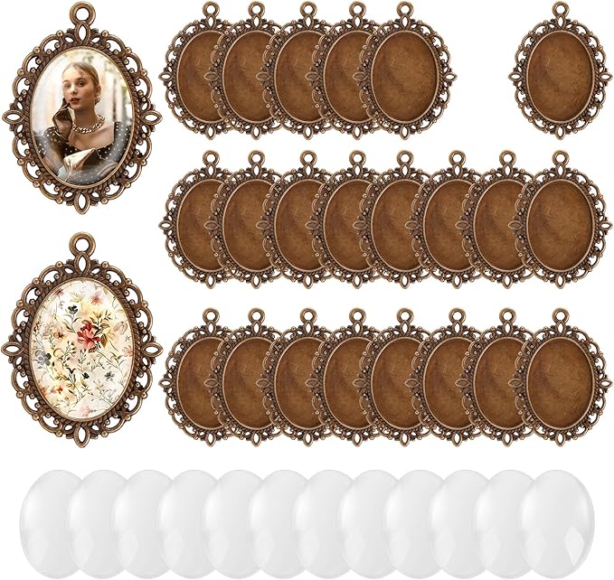 100 Pcs Bezel Pendant Blanks Settings, 50 Oval Pendant Trays Photo Charms with 50 Clear Glass Cabochon for Jewelry Making, DIY Blank Bezels Trays Kit for Crafts, 25x18mm (Antique Bronze)