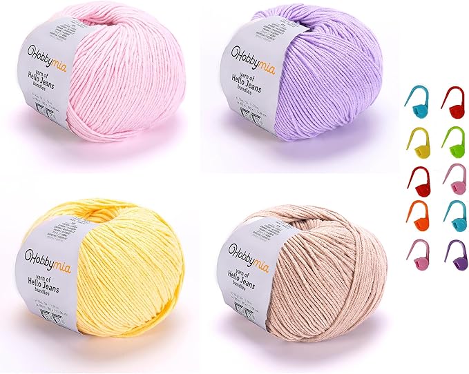 Cotton Yarn Kit - 4 Multicolor Balls Soft Sport Weight Yarn for Crochet & Amigurumi - 50g / 175yds Each & 10 Stitch Markers (H12 - Pastel-4)