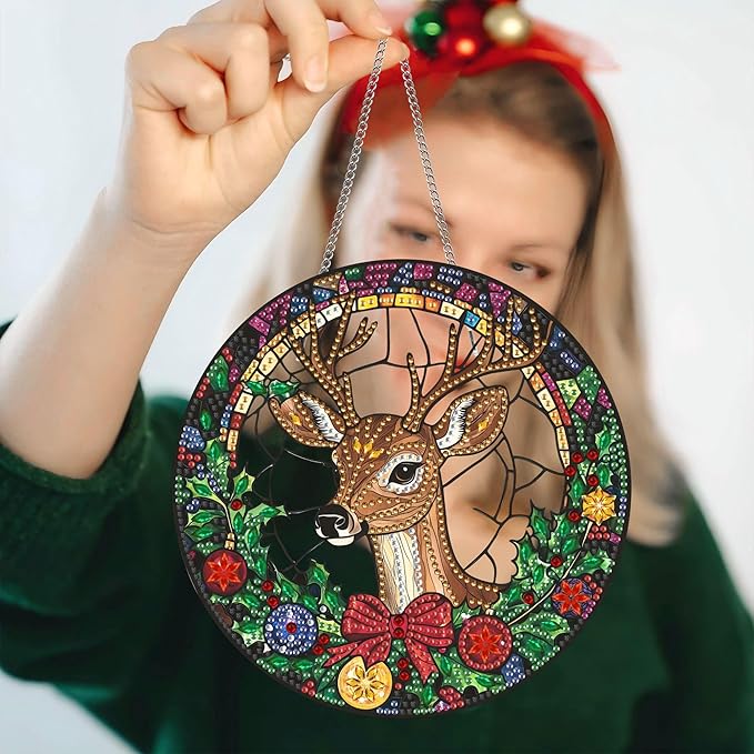 Hanging Diamond Art Kits for Adults Christmas Deer – 8x8 Inch Double-Sided Acrylic Board DIY Crystal Diamond Suncatcher Pendant, Sparkling Home Wall or Window Decoration Handmade Gift