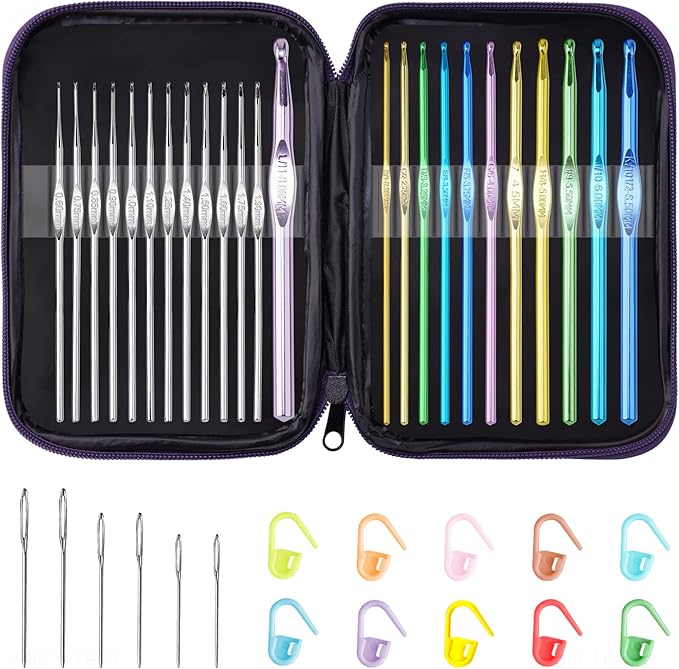 Tomorotec 41Pcs Multi-Color Metallic Crochet Hooks Set, Art Aluminum Knitting Needles for Yarn Craft Set with Sylish Storage Bag, Stitch Markers and Big Eye Needles (Purple Bag)