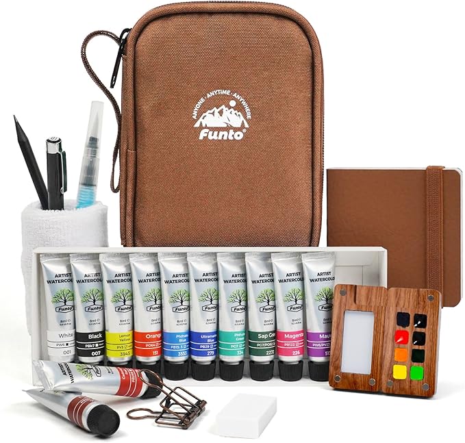 Funto Mini Watercolor Travel Set, 12-Color Refillable Travel Art Kit, All-in-One Mini Paint Supplies with Bag, Art Craft for All, Portable Water Color Paint for Beginners, lovers and Artists