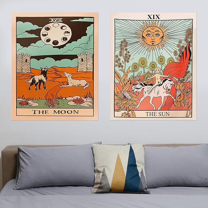 zeedix 4 pack tarot card tapestry wall hanging cute boho hippie art spiritual tapestries with the sun and moon star strength astrology small tapestry for bedroom living room wall decor aesthetic (orange 19.7"x 15.7")