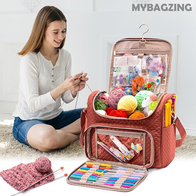 Crochet Bag Organizer, Quilted Storage Bag with Hanging Hook, Yarn Holder for Knitting & Crochet Accessories, Mother's Day Gift