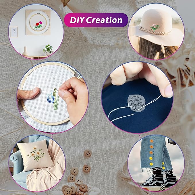 SNAIL GARDEN 256PCS Complete Embroidery Kit with Canvas Bag,2 Sticky Water Soluble Paper Stabilizers with 50 Patterns, 100 Colorful Threads, 5 Hoops, Fabric Pieces, Needle Threaders,Thread Organiser