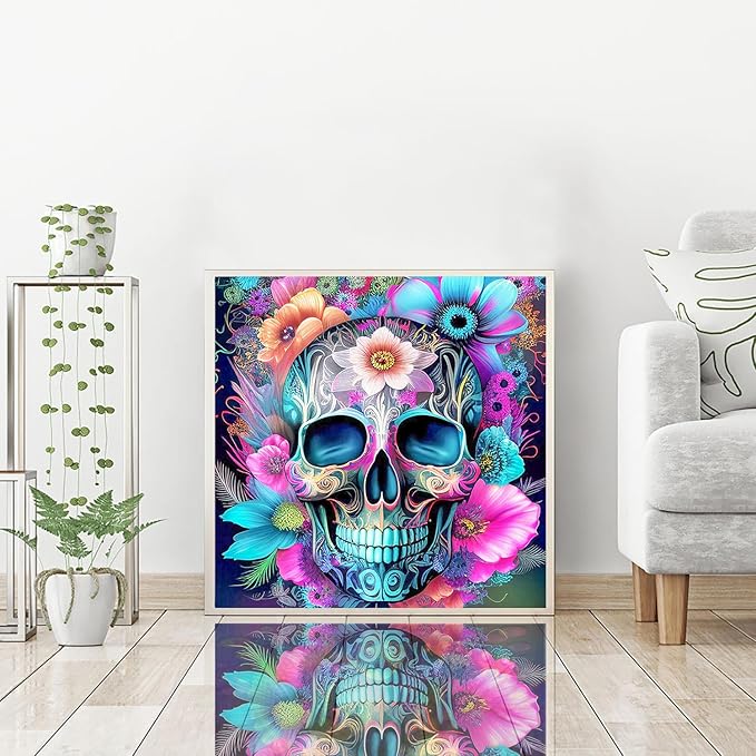 igoodom Diamond Art Kits for Adults, Sugar Skull Diamond Painting Kit, Full Drill Round Skull Flower Diamond Art Kits, DIY Gem Art and Crafts for Home Wall Decor Gift 13.78x13.78inch
