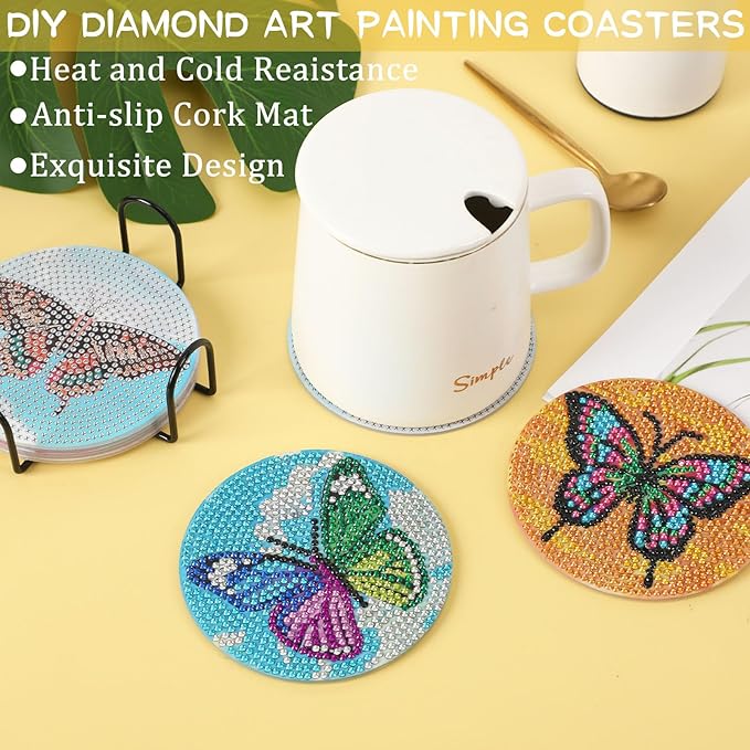 UPINS 8Pcs Diamond Art Painting Coasters for Drinks DIY Life Coaster Diamond Art Kits for Adults Kids Beginners Diamond Art Craft Supplies (Butterfly)