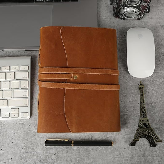 KomalC Tan Handmade Leather Journal | 8x6 Inch Vintage Writing Notebook Unlined Pages | Rustic Non-Refillable Sketchbook for Travel, Art, Notes, Gifts