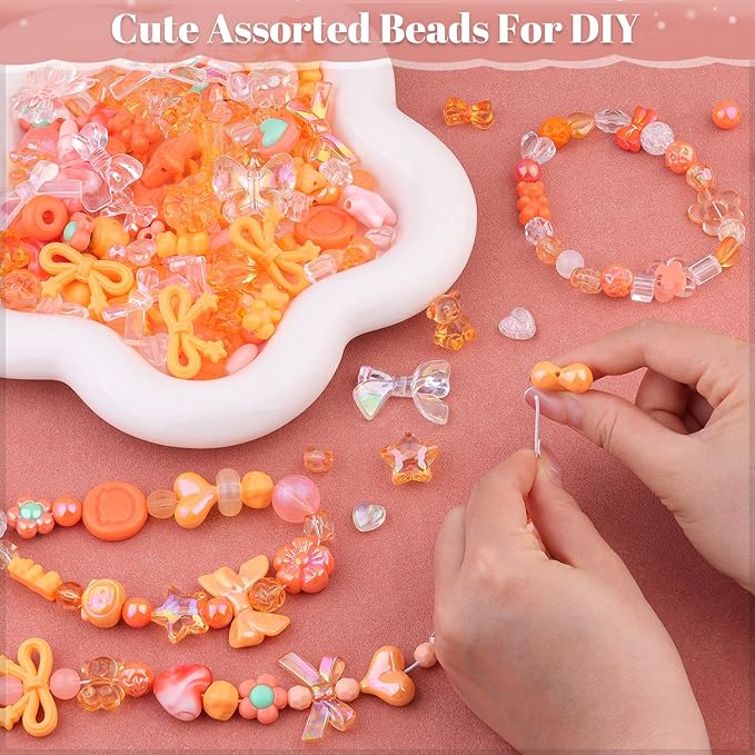 200-260pcs tinkrstuff assorted orange acrylic beads for bracelet making,cute beads for jewelry making flower bow butterfly candy gummybear aesthetic bracelet charms, diy necklace keychain phone charm