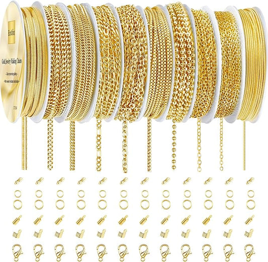 ecoofor gold necklace chains for jewelry making, 75.5 feet 10 rolls jewelry chains for diy necklace bracelet jewelry making with jump rings/lobster clasps/connectors