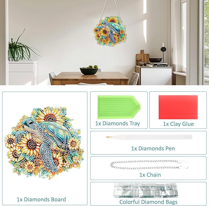 SENQAO Turtle Diamond Art Hanging Kit for Adult, Special Shaped Rhinestone, Double Sided DIY Acrylic Diamond Art Painting Window Pendants Home Garden Wall Hanging Kits Hanging Ornament (Sunflower)