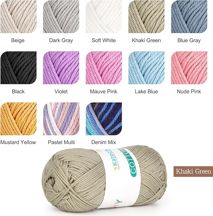 Katech Pure Cotton Yarn for Crocheting & Knitting–Soft Sport Weight CYC #2, 6 Skeins (50g Each, 300g Total), Ideal Crochet Yarn for Dishcloths, Baby Clothes, Socks, Lightweight Scarves（Khaki Green）