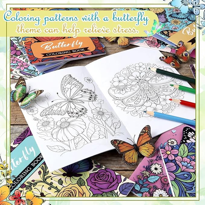 Liliful 144 Pcs Butterfly-Themed Coloring Book Bulk for Adults Mini Butterfly Theme Drawing Book with Garden Flower Insect Patterns Party Favors Goodie Bag Filler and Holiday Gifts