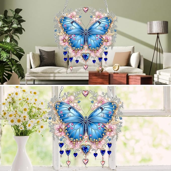 MXJSUA Special Shaped Hanging Diamond Painting Art Kits for Adults, Butterfly Flowers 3D Crystal Rhinestone Acrylic Gem Art Pendant Ornaments Kit for Home Decoration and Gift