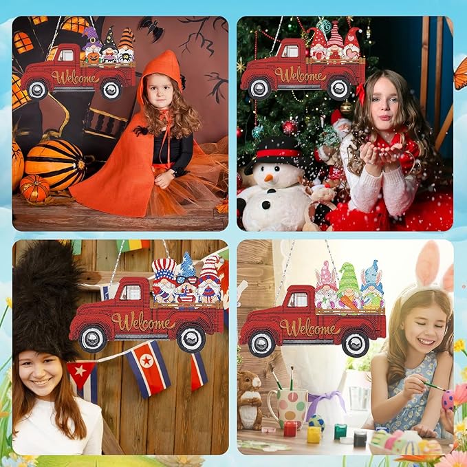 APCGSM 16PCS Interchangeable Diamond Painting Welcome Sign for Front Door Holiday Gnome Decor Red Truck Hanging Sign Diamond Art Painting Kits for Adults Interchangeable Seasonal Decor for Home Wall