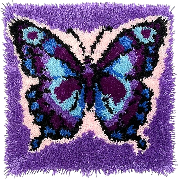veirousa Butterfly Latch Hook Kits for Adults Beginners Animals Latch Hook Pillow Kit Pre-Printed Latch Hook Rug Kits Insect Cross-Stitch Cushion for Home Sofa Decoration 17x17 in. Handmade Gift