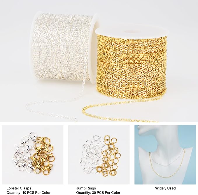 Kyutong 65.6 Feet Stainless Steel Jewelry Making Chains Bulk on Spool 2 Rolls Cross Cable Chain Links Gold Silver Craft Jewelry Supplies with Lobster Clasps Jump Rings for DIY Handcraft