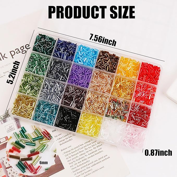 24 Colors 7.6 Oz Tube Beads Kit, 0.24 Inch × 0.08 Inch Glass Bugle Seed Small Craft Beads, for DIY Bracelet Necklaces Jewelry Making Embroidery Decoration