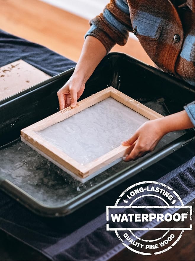 Waterproof Paper Making Screen Kit to Craft Your Own Handmade A4 Paper: Wood Deckle, Mesh Screen, Plastic Grid, Confetti, Sponge, 4 Couch Felts & Video Instructions…