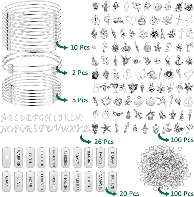 363 Pcs Charm Bracelet Making Kit Bangle Bracelets DIY Kit, 17 Silver Expandable Wire Bangles, 146 Charms Pendants, 200 Open Jump Rings for Christmas Women Jewelry Making