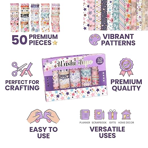 50 Rolls Washi Tape Set, Assorted Sizes, for Junk Journal Scrapbook, Bullet Journaling Scrapbooking Supplies, Planner Sticker DIY Craft Decor (Whimsical Doodles)