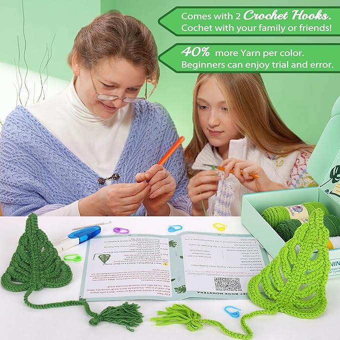 Crochetta Crochet Kit for Beginners, Amigurumi Crocheting Animals Kits w Step-by-Step Video Tutorials, Knitting Starter Pack for Adults and Kids, 2 Book Monstera Familly (40%+ Yarn Content)