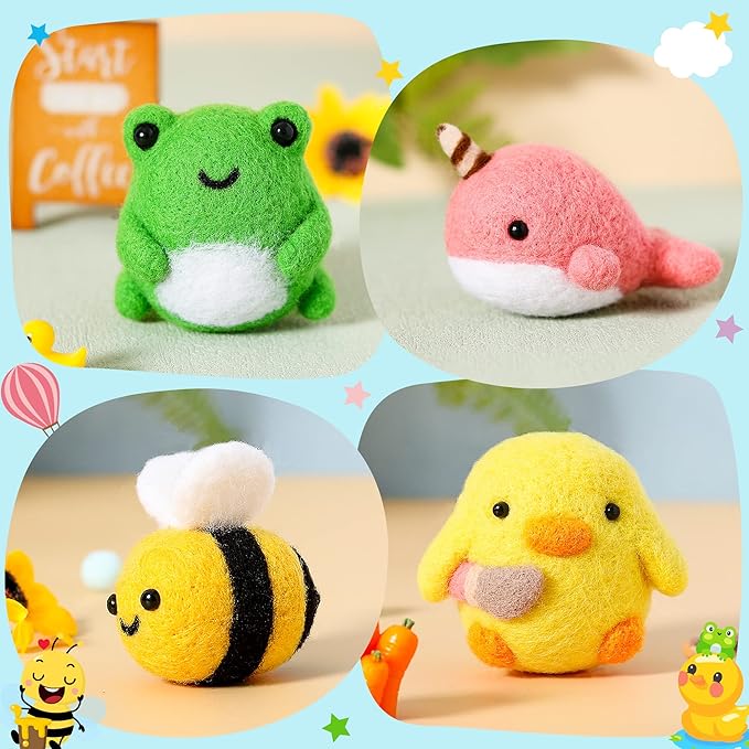 WATINC Set of 4 Cute Animal Needle Felting Starter Kit Frog Chick Bee Narwhal Animal Doll Wool Felting Tools Felt Needles Foam Mat DIY Needlework Craft Party Supplies for Beginners Adults