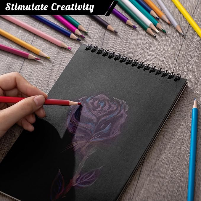 Drawing Sketchbook Kit, A5 Sketch Book with 24 Color Pencils, Three Color Black Sketch Pad, Acid-Free Sketch Pad for Kids, Artist, Art Paper Drawing Supplies for Gifts (5.8×8.3 inch)
