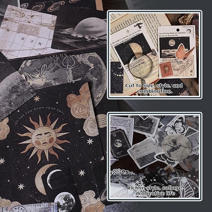 200Pcs Vintage Scrapbook Paper Sticker Kit,Starry Sky and Ocean Underwater Scrapbooking Decals for Junk Journal Supplies Card Making Stationery Album,Collage,As Gift