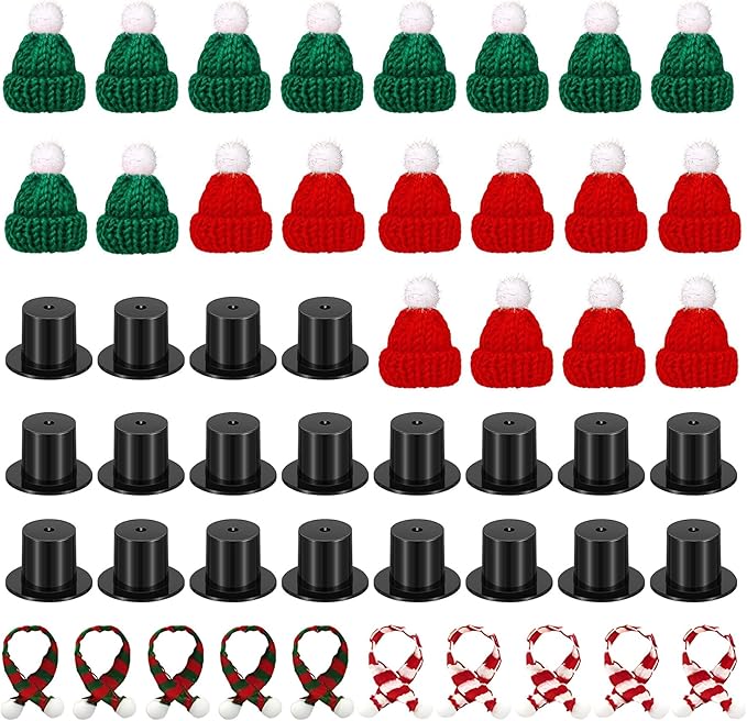 30 Pcs Mini Knit Hats and Christmas Scarves Set with 20 Pcs Black Plastic Miniature Top Caps for Tree Ornaments, DIY Art Crafts, Snowman Doll