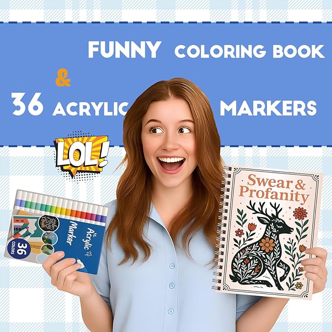 Zouier Swear Word Funny Coloring Book with 36 Markers for Adults Relaxation Spiral Bound, Stress Relief, Cancer Care, Self Care, Get Well Gifts Crafts for Women