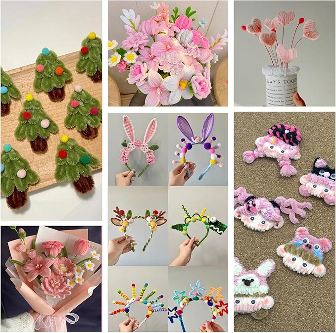 300 Pcs Pink and Green Thick Pipe Cleaners Craft Supplies for Floral Bonquet DIY Flower Making Kit for Starter with Floral Wires, Gardening Tape,Stamen Gift Wrapping Party Decor