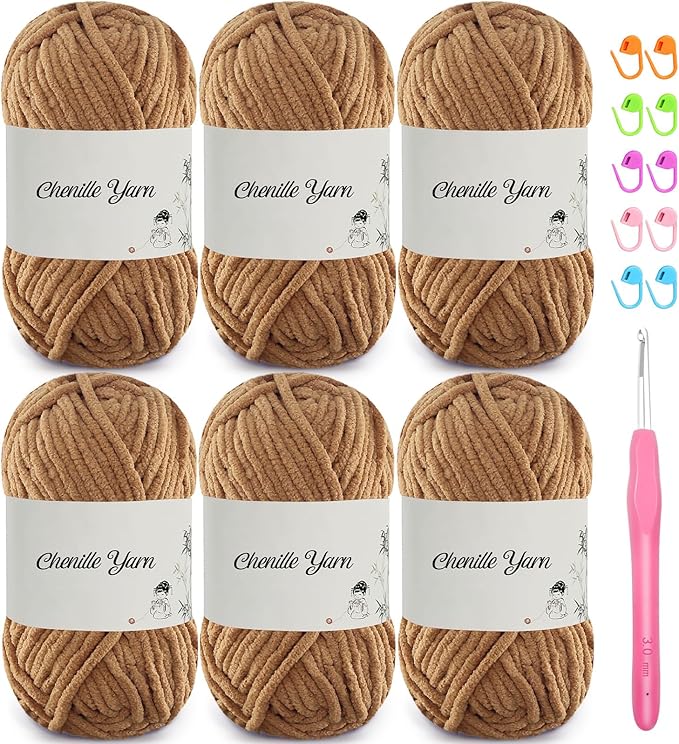 SIMEIQI 6 Pack of 1.76oz Chenille Yarn for Crocheting,60yards Soft Fluffy Velvet Yarn, Ideal Crochet for DIY Baby Blankets Toys Scarves Throw Pillows Hats Cushions(Brown)