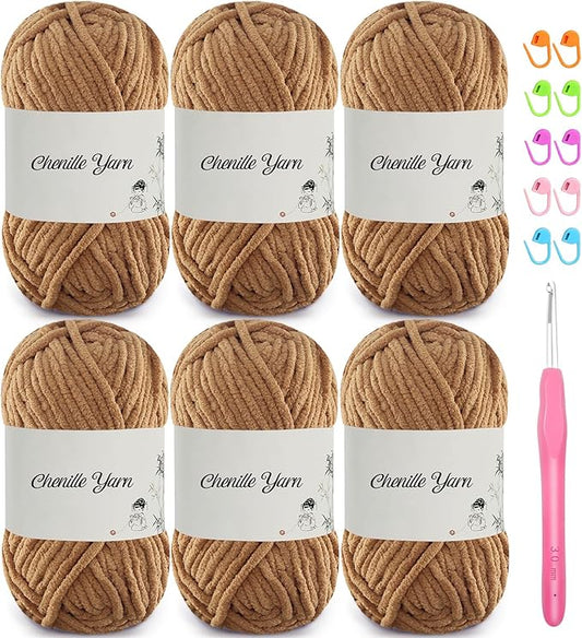 SIMEIQI 6 Pack of 1.76oz Chenille Yarn for Crocheting,60yards Soft Fluffy Velvet Yarn, Ideal Crochet for DIY Baby Blankets Toys Scarves Throw Pillows Hats Cushions(Brown)