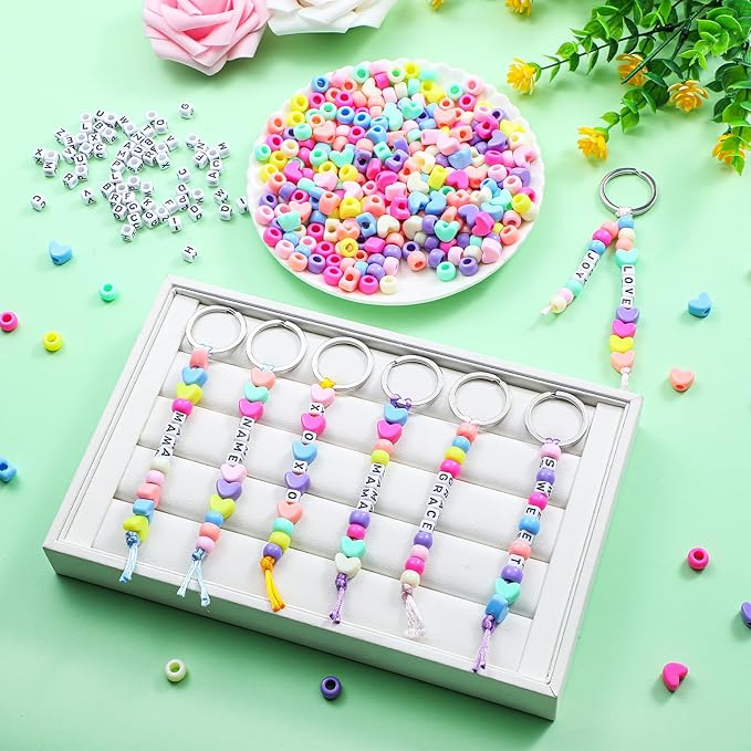 Landical 564 Pcs DIY Bead Keychain Kit Key Chain Making Craft Adjustable Letter Beads String Mama Sport Gift Alphabet Jewelry Accessories Holiday Party Favor for Adult(Heart, Dream Color)