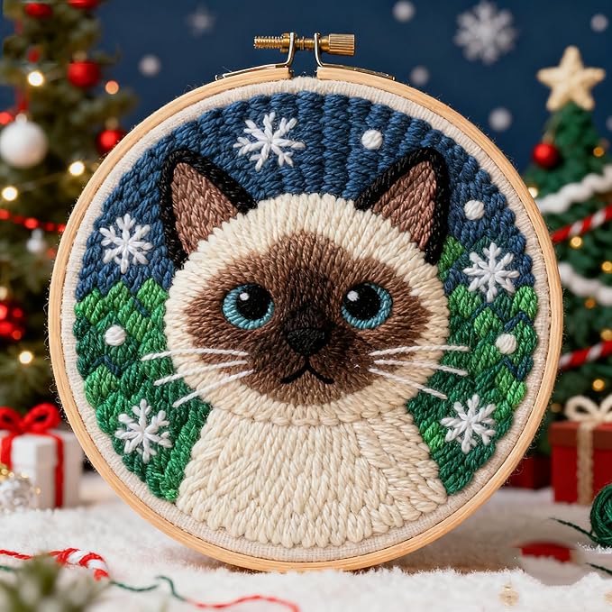 DIY Punch Needle Kits Siamese Cat Christmas Easy for Beginners Embroidery Starter Set with Hoop Needlepoint Craft Hobby and Home Decor 20x20cm