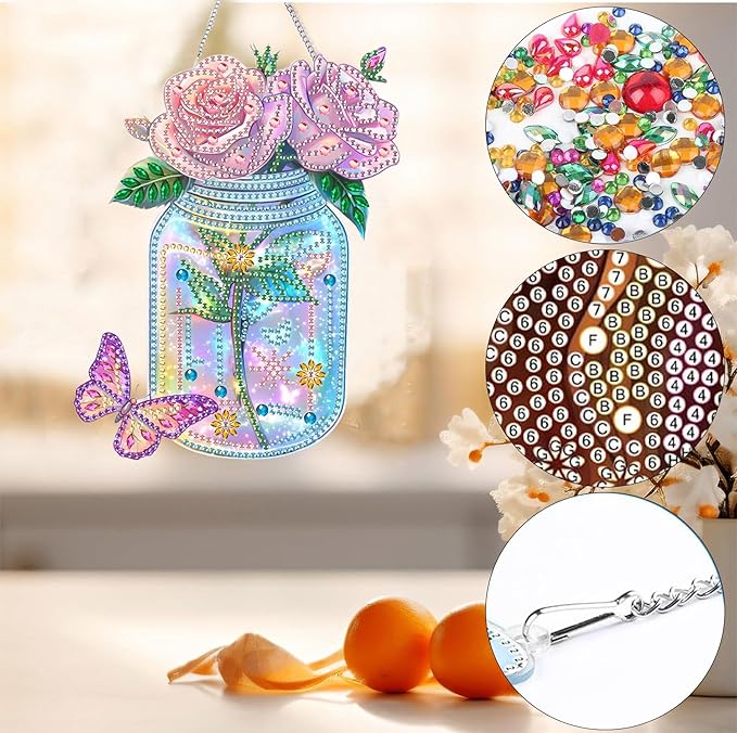Bimkole Rose Diamond Art Hanging Kit for Adult, DIY 5D Vases Diamond Art Painting Window Pendant, Acrylic Crystal Art Hanging Ornament for Wall Home Garden Front Door Decor - 7.8x7.8 Inch