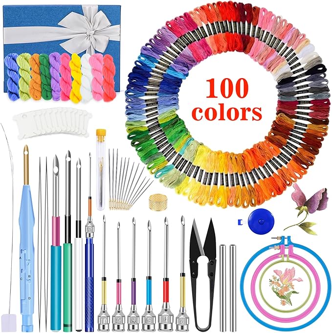 JUPEAN Embroidery Kit, Punch Needle Kit, 156 Pcs Punch Needle Tool, 110 Pcs Embroidery Floss, Punch Needles Kit for Beginners