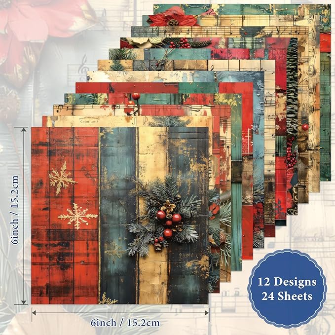 Christmas Scrapbook Paper Pad 24 Sheets Scrapbooking Supplies, Single-Sided Patterned Cardstock Pads for Card Making, Designer Planner Journals, Background Borders, Greeting Cards 6"×6”