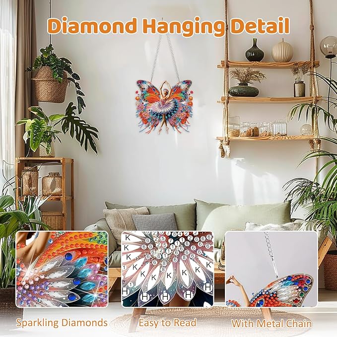 MEIYUDA Butterfly Diamond Art Hanging Kits for Adult, Women in Butterfly Diamond Painting Hanging Kits Ornaments, DIY Special Shaped Rhinestone Window Pendants kit for Home Garden Wall Decor Gift