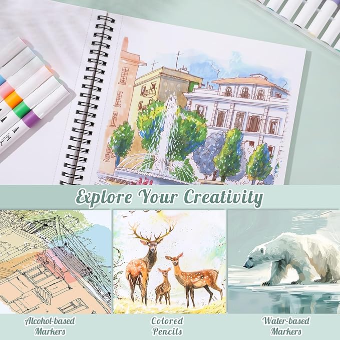 50 Sheets Marker Paper Pad, 9×12 Inch Bleedproof Art Sketch Pad, 73lb/120gsm Drawing Paper Spiral Sketch Book, Painting Coloring Alcohol Marker Paper for Beginners, Artists, Gift, Christmas