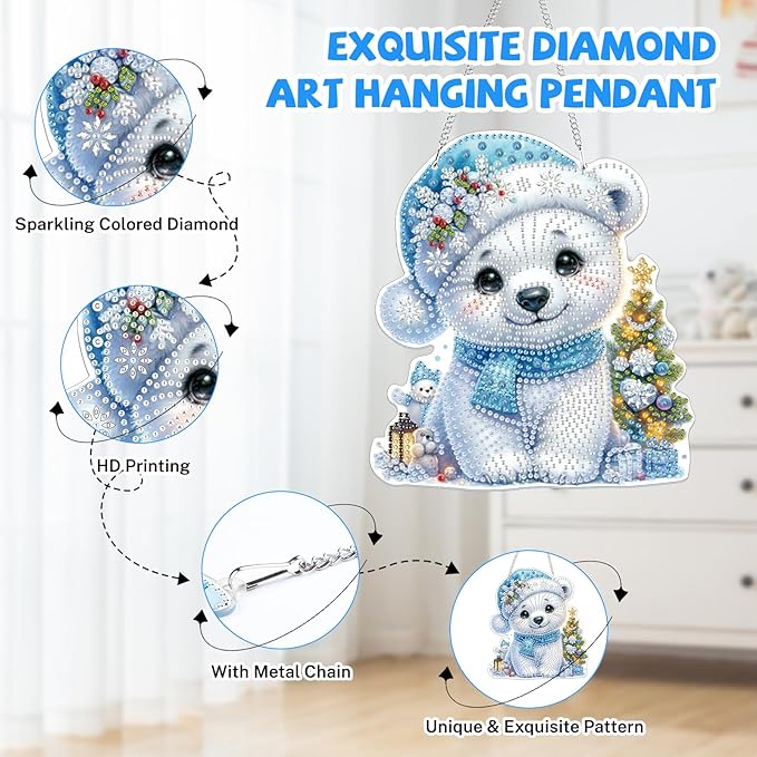 Bowetile Christmas Diamond Art Hanging Kits for Adults, 5D Special Shape Diamond Painting Kits Polar Bear, Crystal Gem Painting Arts and Crafts for Christmas Gifts for Home Garden Decor