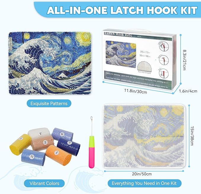 EsLuker.ly Latch Hook Rug Kit DIY Crochet Carpet for Beginners, Sea Wave Patterns Pre-Printed Canvas Yarn Rug Hooking Kits, Creative Craft Home Decor Ideal for Learning Rug Making