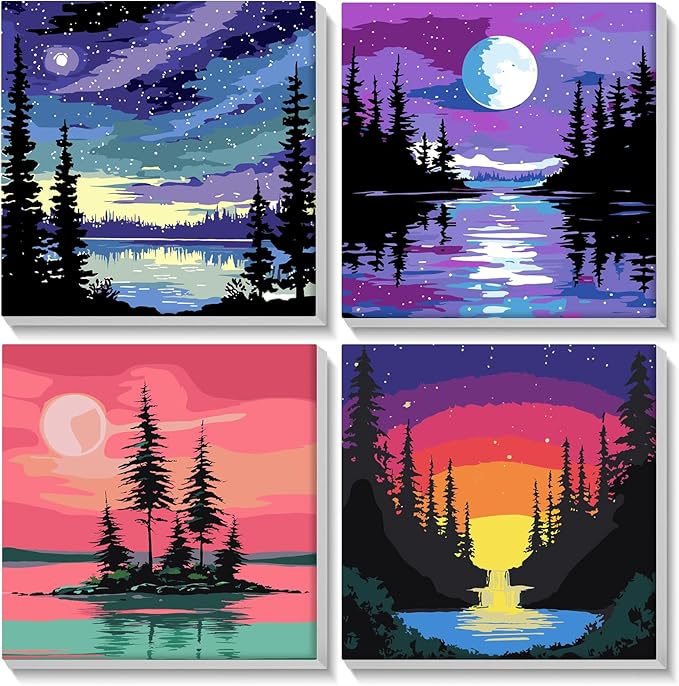 Lxmsja 4 Pack Fantasy Moon Lake Paint by Numbers Kit for Adults, Easy Framed Paint by Numbers for Adults Beginner, DIY Acrylic Oil Painting Craft Kits for Home Wall Decor 8x8 inch