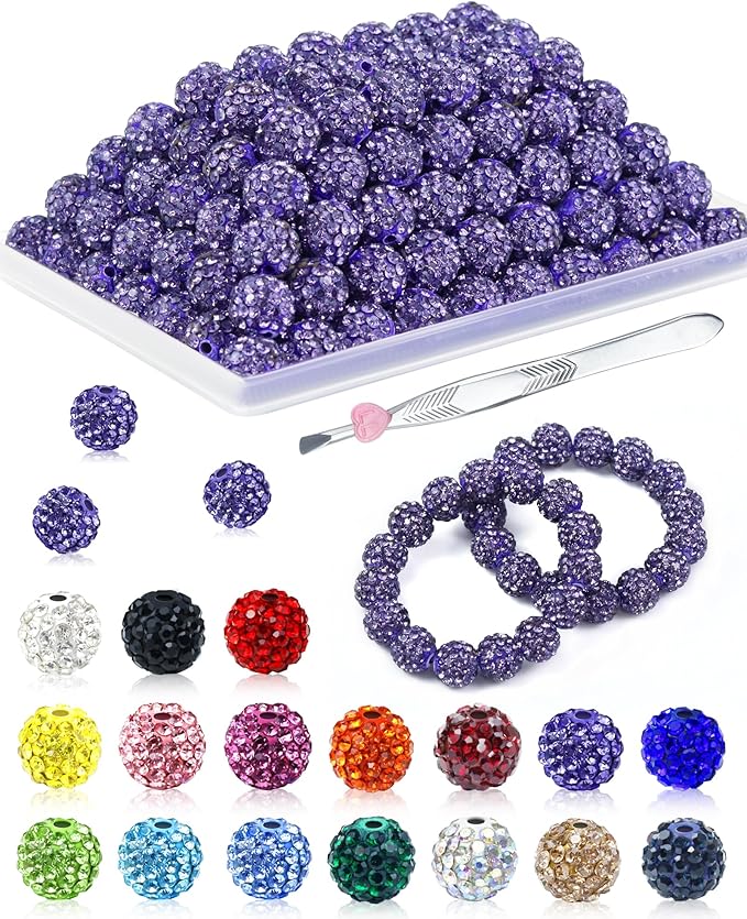 120PCS FIVEIZERO Rhinestone Beads for Jewelry Making, 10mm Purple Shiny Round Sparkle Crystal Clay Beads Bulk Sparkly Baseball Necklace for Bracelets and DIY Crafts