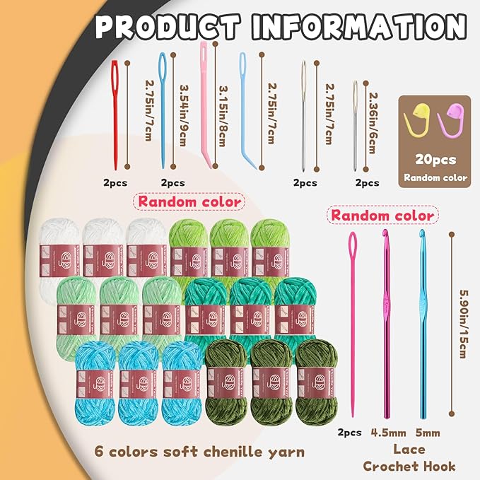 LUNARM 18 Skeins Chenille Yarn for Crocheting, Handmake Weaving Thick Soft Chunky Yarn for Blankets Clothes Crochet Craft with Crochet Hooks Needles Stitch Markers,3.53oz/Skein(Blue Green Series)