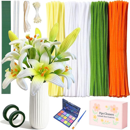 500 Pcs Pipe Cleaners Craft Bulk,4 Assorted Colors Chenille Stems for DIY Flower Making Kit with Floral Wire, Gardening Tape, Stamen & Ribbon, Pipe Cleaners Flowers, Arts and Craft Supplies for Kids