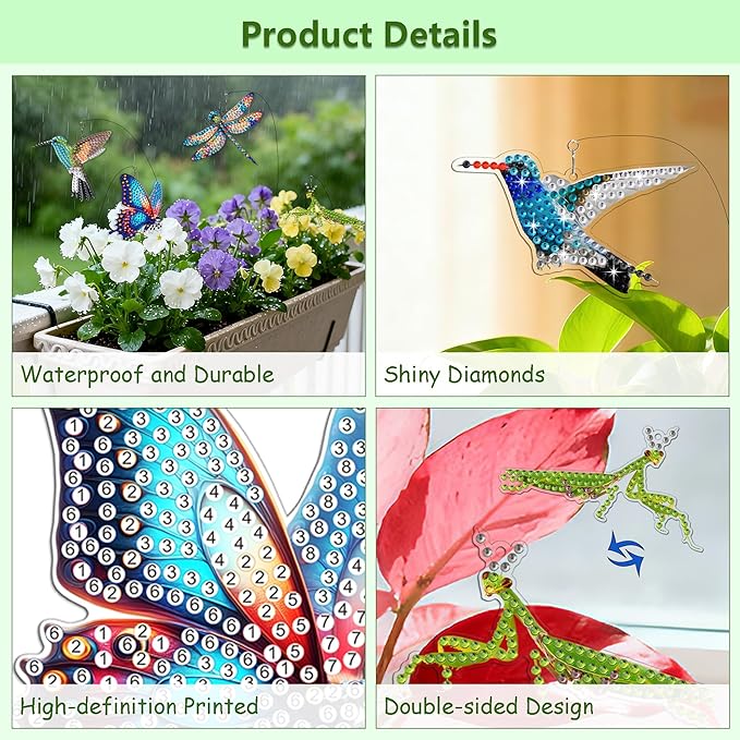 Muzagroo Art 10 Pcs Diamond Art Kits for Garden Decor Butterflies Hummingbirds Swaying in The Wind Insects Diamond Painting Kits for Adults with Iron Stakes Garden Decor Gem Art Kits Adults Crafts
