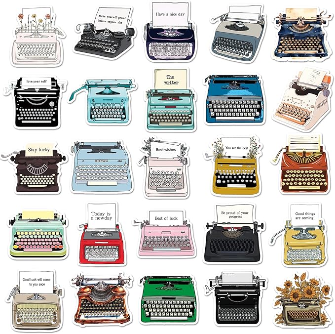 Retro Typewriter Stickers for Scrapbooking,50pcs Vintage Typewriter Decals, Waterproof Vinyl Stickers for Journals, Laptops, Home Decor, Ideal for Kids Adults
