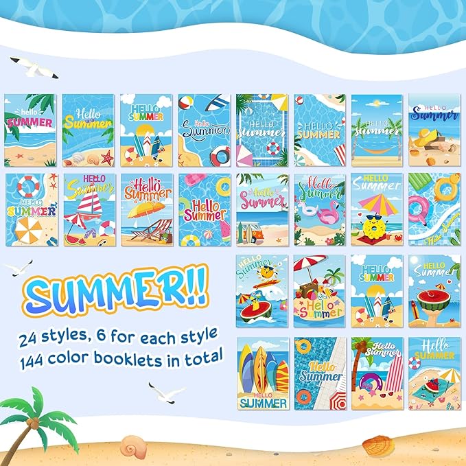 Liliful 144 Pcs Summer Coloring Book Bulk DIY Art Drawing Book with Beach Sea Watermelon Patterns Summer Favors Goodie Bag Filler and Holiday Gifts